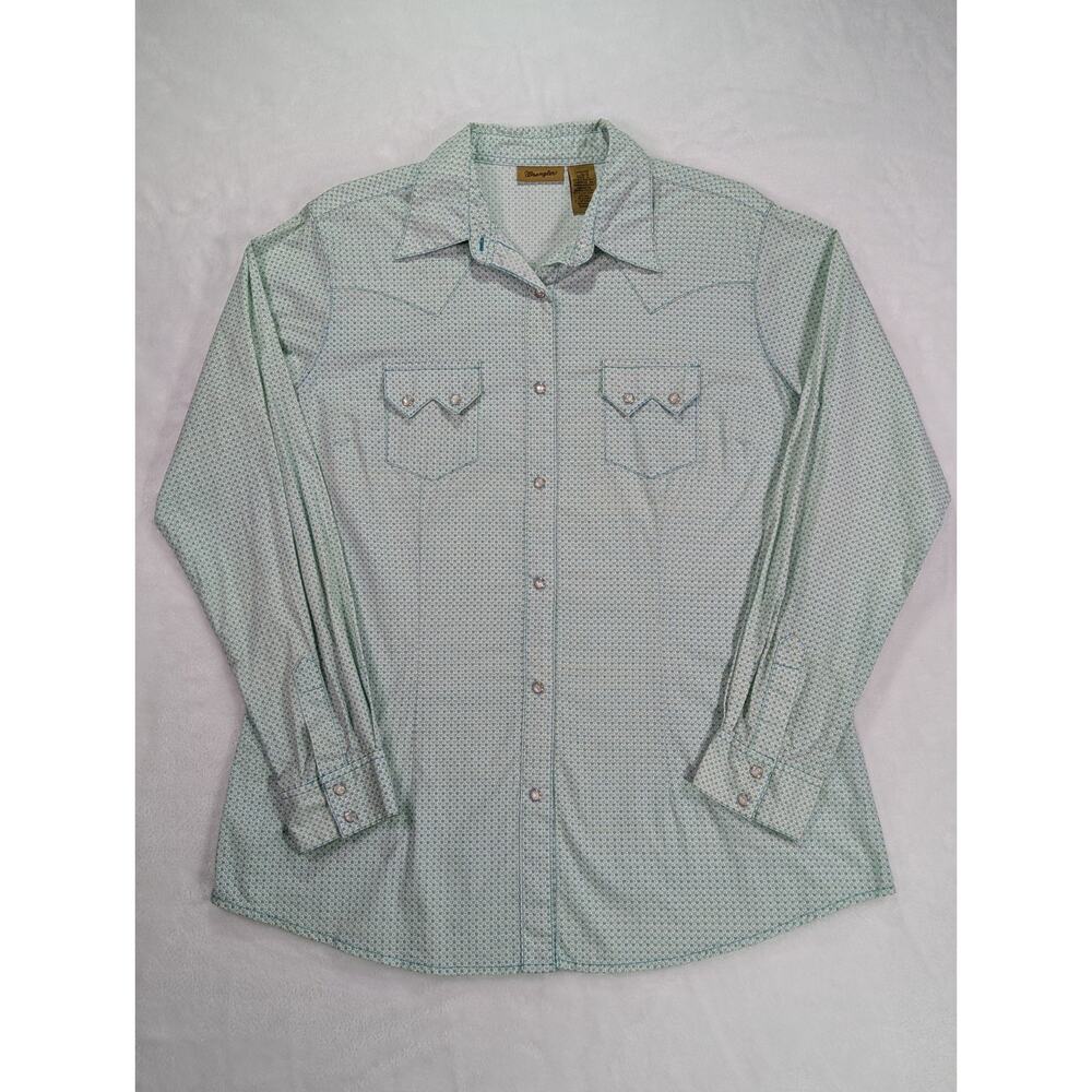 Wrangler Women's Size L Western Style Pearl Snap Blue Geo/Floral Long Sleeve
